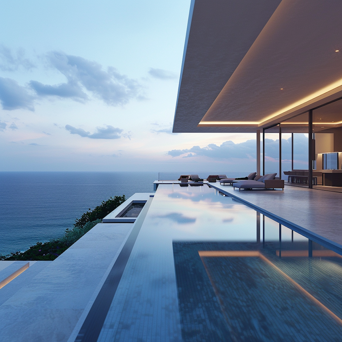 Villa privée avec piscine à débordement au coucher du soleil